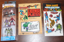 Load image into Gallery viewer, Spiderman Nano Set 1979 Hulk License plate and Puffy Stickers 1984 Wonder Woman Eraser MIP
